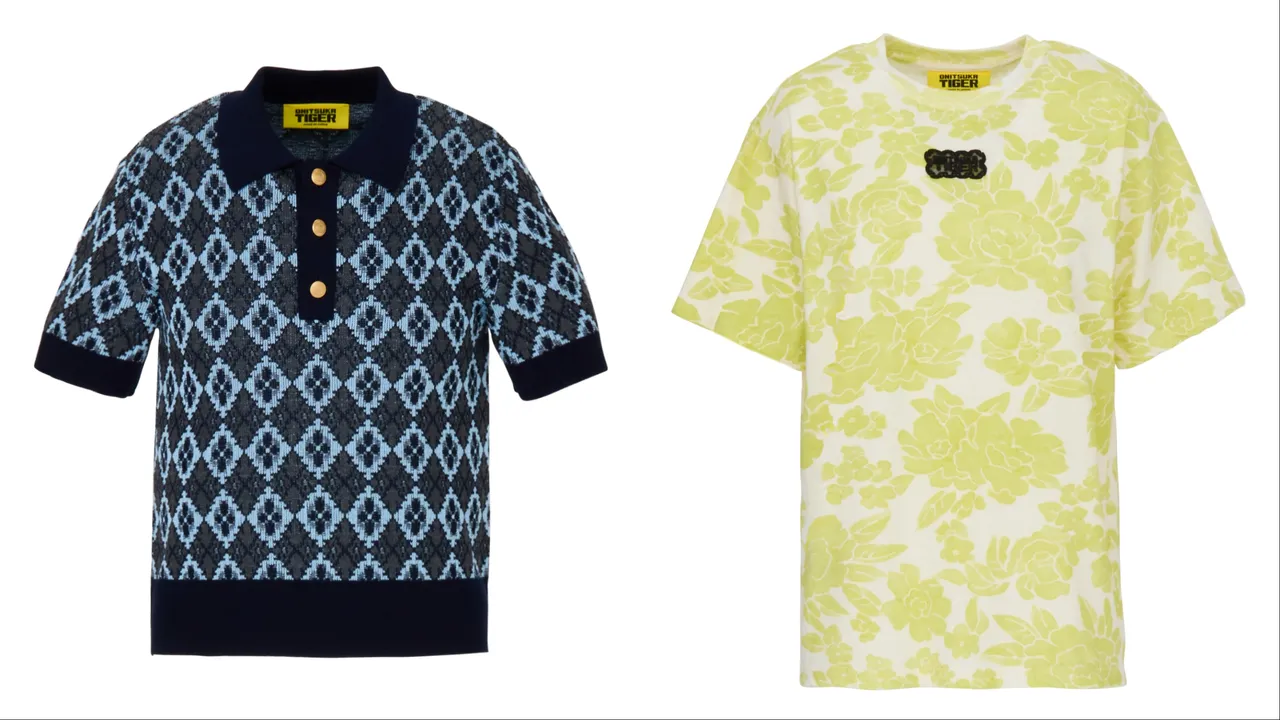 鬼塚虎菱格紋提花短版Polo衫（左）7980元、花卉水洗Tee（右）5780元。品牌提供