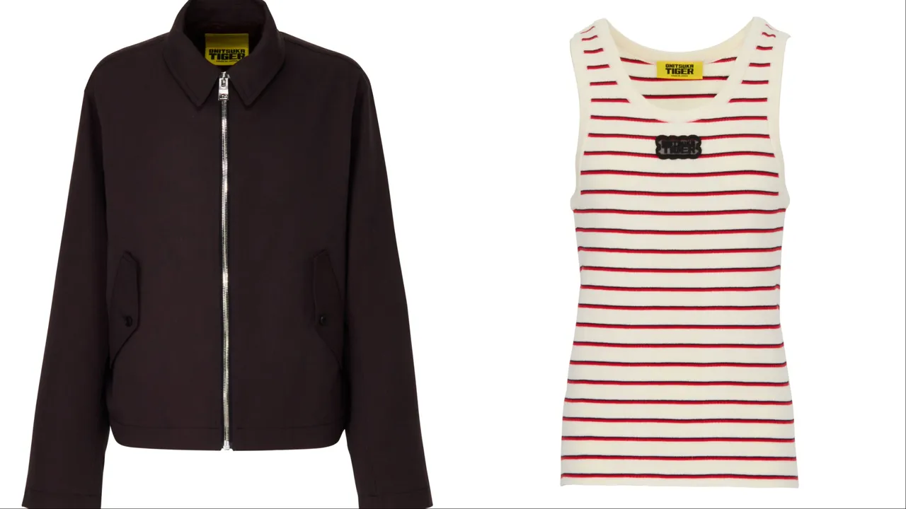 鬼塚虎灰色立領夾克（左）1萬480元、紅白條紋針織上衣（右）5780元。品牌提供