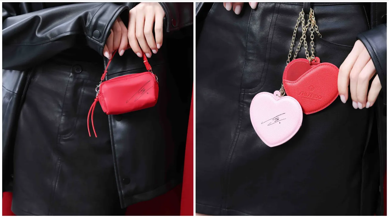 SHISEIDO X LISA簽名隨身小包、愛心隨身鏡鑰匙圈。品牌提供