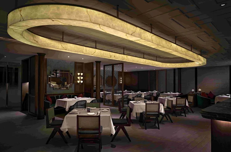 弈夢紅樓運用大量摩登元素揉合中式復古美學，透過精緻燈飾與銅鏡語彙，勾勒出如海派租界般的優雅氛圍。瀚寓酒店提供