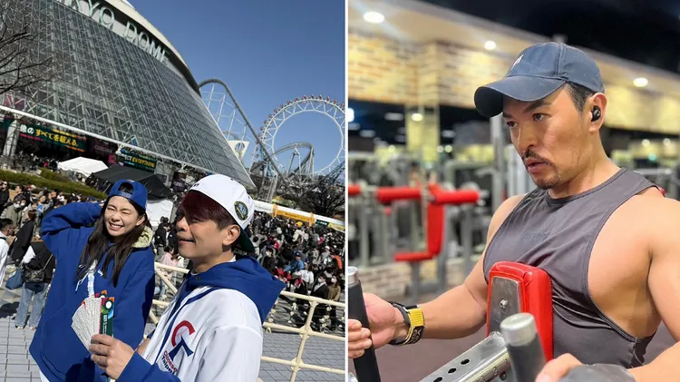 蔡阿嘎與老婆到東京巨蛋看球，夢多為台灣隊加油。左圖翻攝蔡阿嘎臉書，右圖翻攝夢多臉書