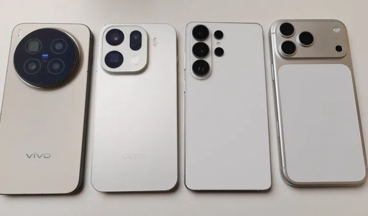 榮耀進軍台灣衝擊vivo與OPPO，專家認為不一定影響三星（右二）與蘋果（右一）。由左至右為vivo X300 Pro、OPPO Find X9 Pro、Samsung Galaxy S26 Ultra與iPhone 17 Pro Max。圖取自Sahil Karoul X