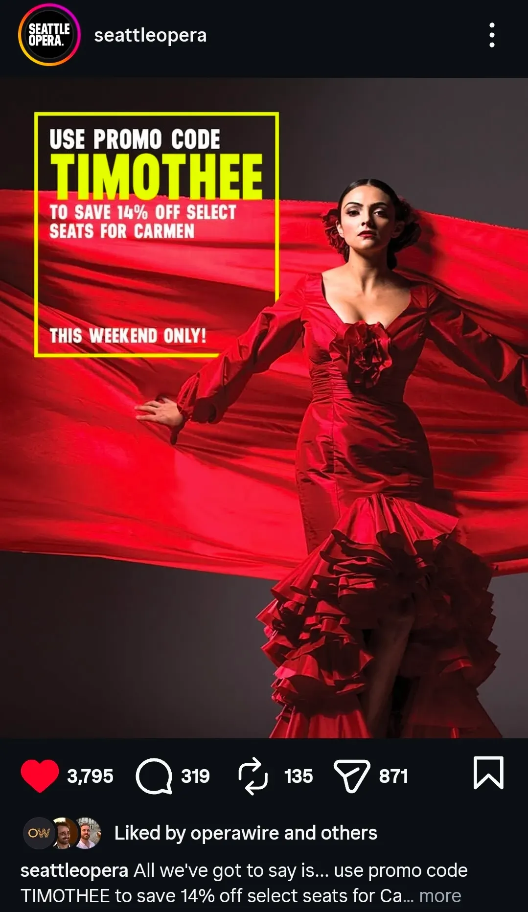 西雅圖歌劇院表示用優惠碼「TIMOTHEE（提摩西）」買票可享折扣。翻攝IG