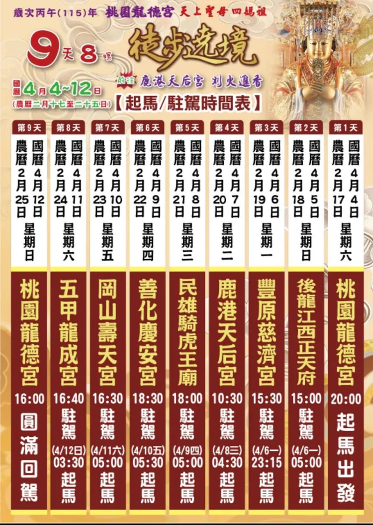 龍德宮四媽祖4/4起馬，展開9天8夜繞境。翻攝畫面