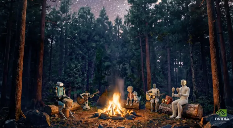 GTC大會結尾播放影片，以節奏感十足的歌詞回顧AI產業發展，還有各種機器人登場，黃仁勳也化身動畫人物加入。翻攝自輝達YT官網