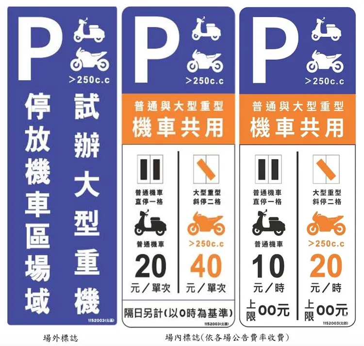 試辦停車場將設置重機專屬告示牌。台北市交通局提供