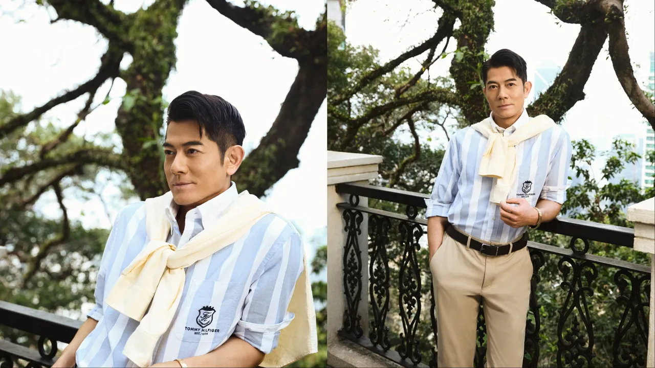 郭富城身著飾有學院徽章的條紋襯衫、肩披針織衫，替簡約造型增添層次。品牌提供