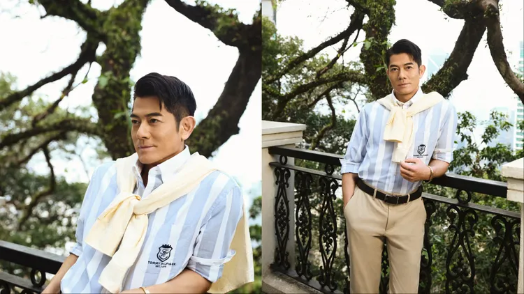 郭富城身著飾有學院徽章的條紋襯衫、肩披針織衫，替簡約造型增添層次。品牌提供