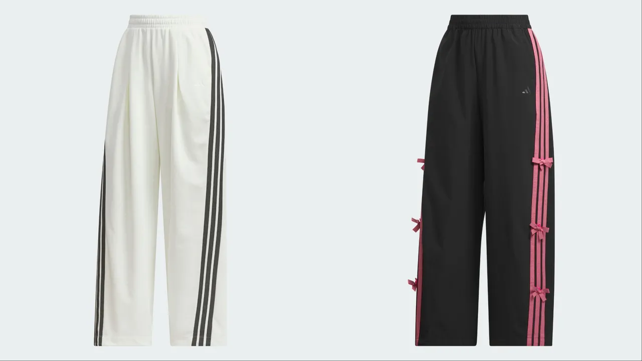 adidas「舞動系列」三線錐形褲（左）、蝴蝶結三線錐形褲（右）2690元。品牌提供