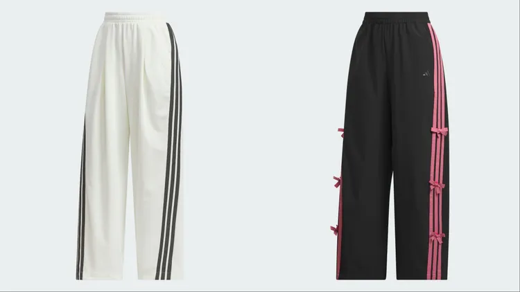 adidas「舞動系列」三線錐形褲（左）、蝴蝶結三線錐形褲（右）2690元。品牌提供