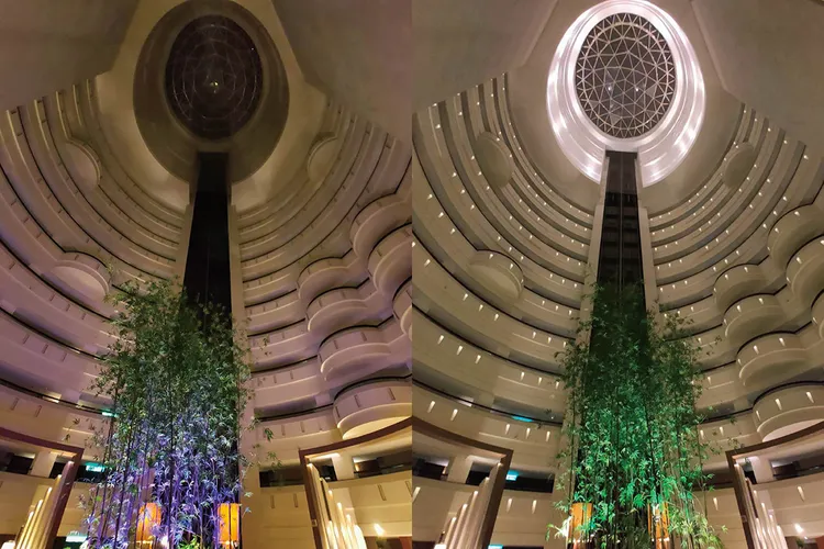 台南遠東香格里拉飯店於Earth Hour期間調整中庭照明（圖左）與日常營運照明（圖右）對比。業者提供