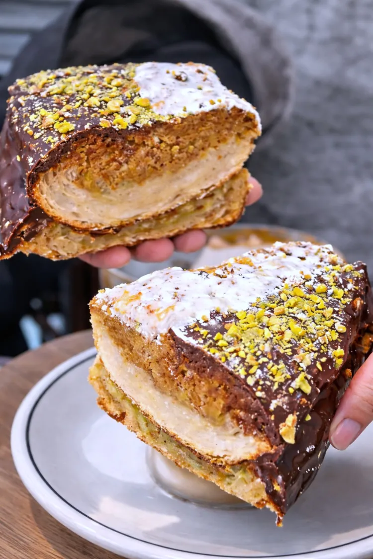 杜拜巧克力可頌對切後是滿滿的卡達伊夫的開心果內餡。業者提供