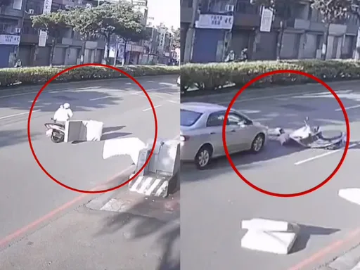 「風」惹的禍！床墊突飛起闖馬路　害女騎士慘摔又挨車撞畫面曝