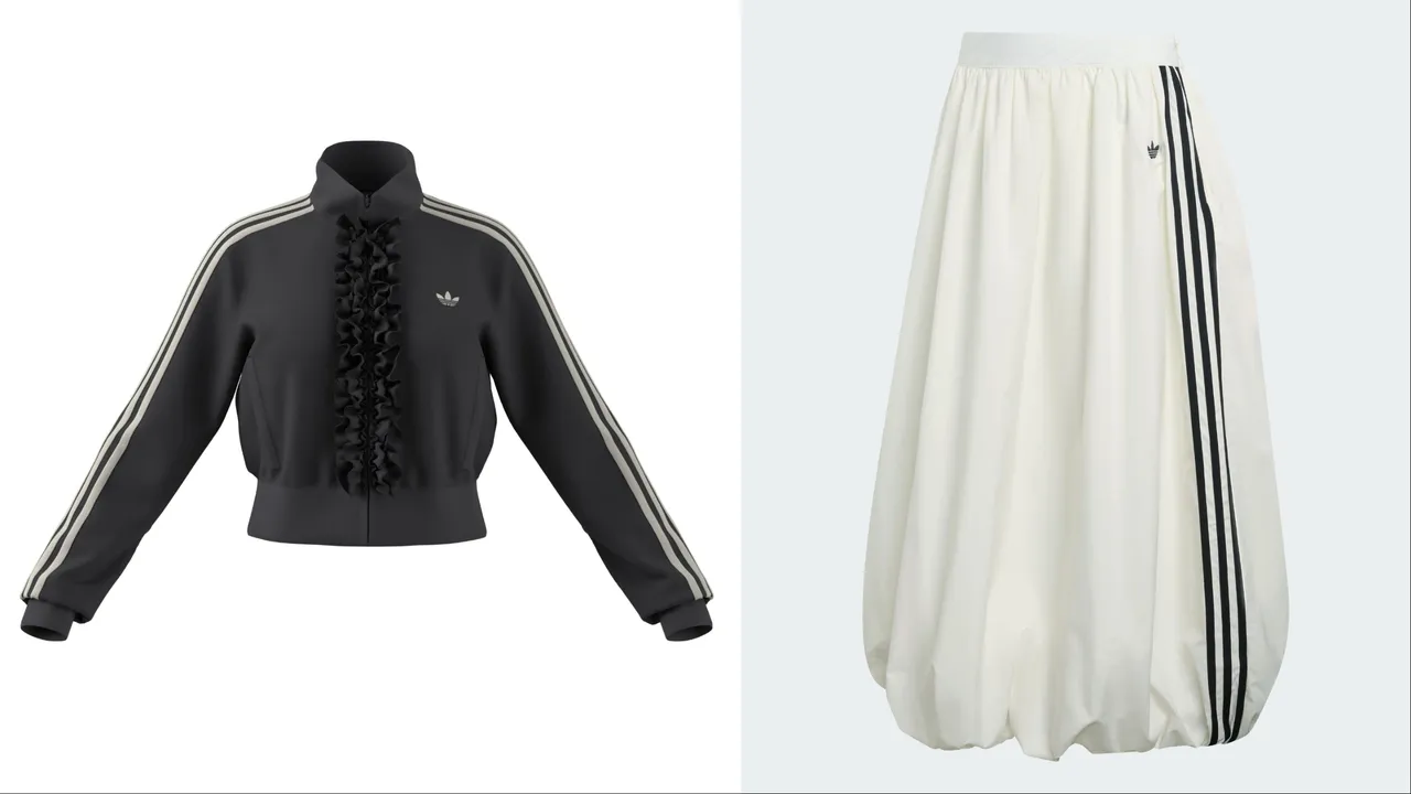 adidas Originals荷葉皺褶外套（左）4290元、燈籠長裙（右）2890元。品牌提供