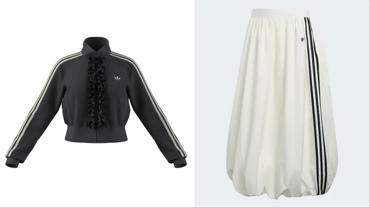 adidas Originals荷葉皺褶外套（左）4290元、燈籠長裙（右）2890元。品牌提供