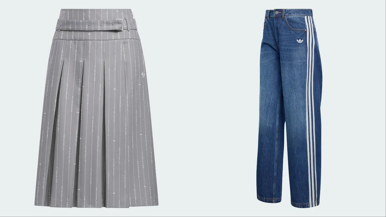 adidas Originals條紋西裝裙（左）、丹寧長褲（右），各4290元。品牌提供