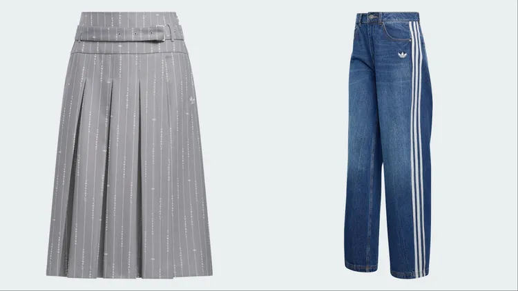 adidas Originals條紋西裝裙（左）、丹寧長褲（右），各4290元。品牌提供