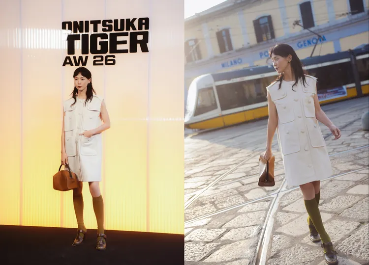 鍾瑶以米色長版背心搭配復古TIGER RODEANO高跟鞋、棕色KARATE BAG。品牌提供
