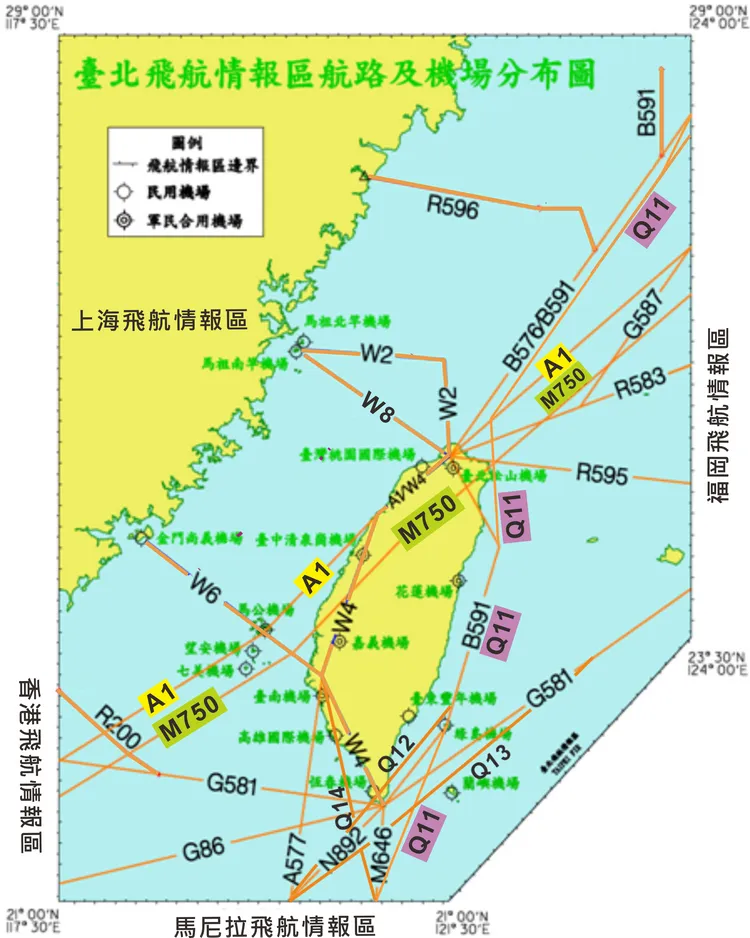 台北飛航情報區航路及機場圖。民航局提供