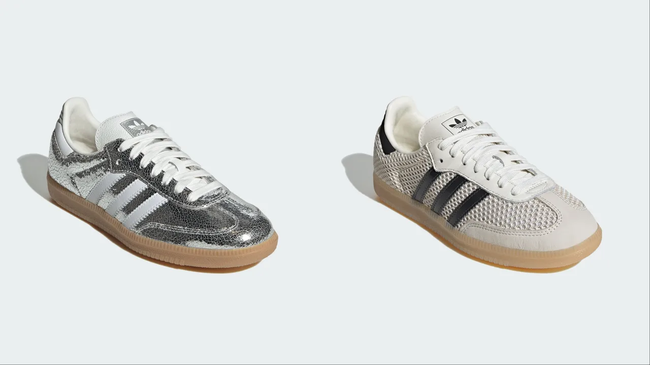 adidas Originals金屬鞋面款Samba OG（左）3890元，網眼鞋面款Samba OG（右）3490元。品牌提供