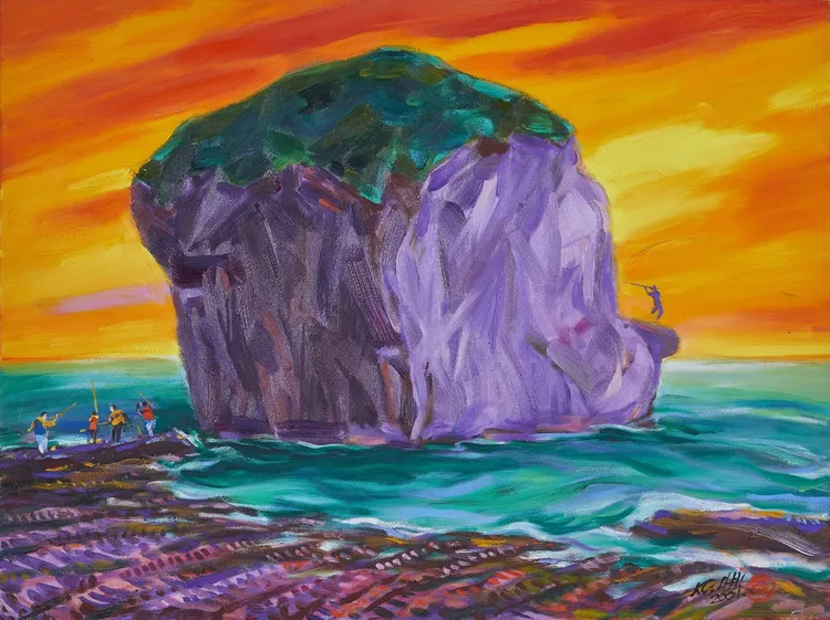 大湧崁岸展品陳國展《釣夕陽》。文化處提供