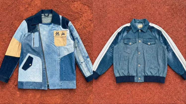 Story Wear客製預購款球衣拼接寬版外套（左）3萬2800元、客製預購款球衣拼接教練外套（右）1萬8800元。品牌提供