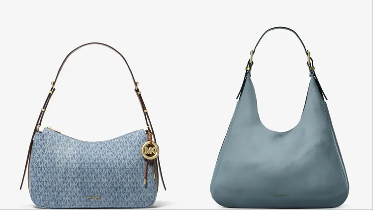 Michael Kors Nolita丹寧經典LOGO印花肩背包（左）1萬3400元、Nolita藍色大型肩背包（右）1萬7800元。品牌提供