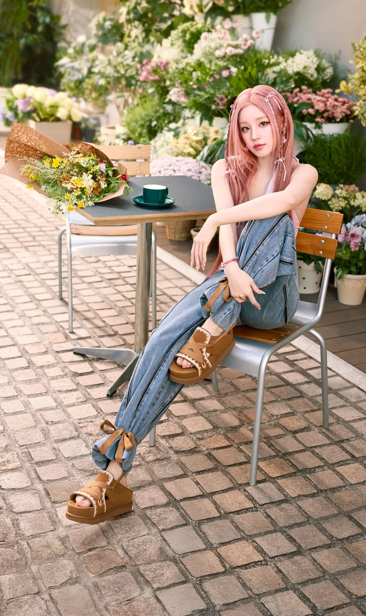 宋雨琦將腳上的後底鞋綁帶繫於褲腳，打造出不同穿搭風格。品牌提供