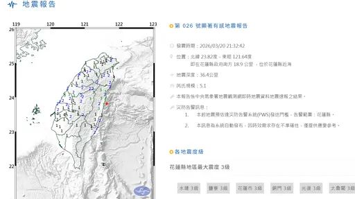 花蓮近海連2地震　氣象署：3天內恐有規模4.5餘震