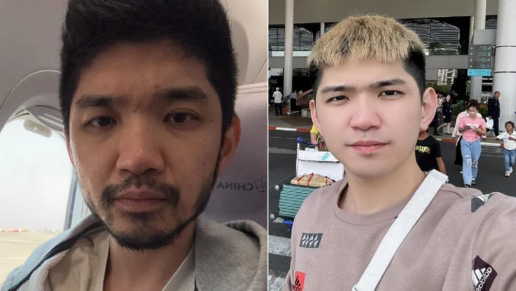 「晚安小雞」臉書PO出在機上留著鬍子滿臉憔悴照，與2年多前剛抵達柬埔寨時充滿活力模樣判若兩人。翻攝晚安小雞臉書