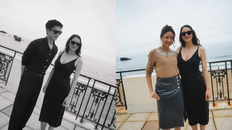 曾敬驊（左圖左）與9m88（右圖左）和法國影后瑪莉詠柯蒂亞合影。品牌提供