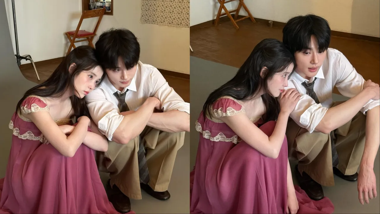 IU（左圖左、右圖左）與邊佑錫蹲坐著頭靠頭相偎的畫面超級甜蜜。翻攝ellekorea IG