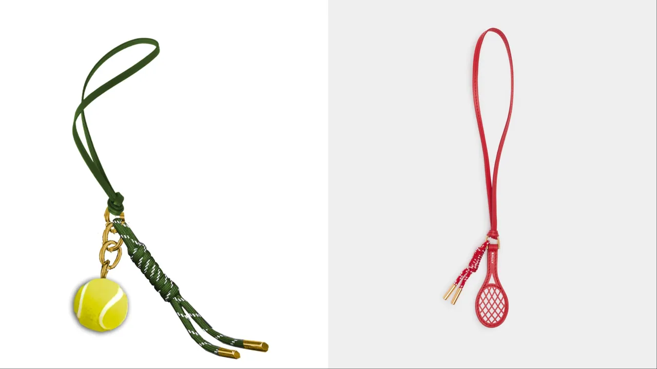 BALLY TENNIS網球吊飾（左）、TENNIS網球拍吊飾（右），各5500元。品牌提供