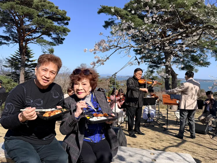 阿姑和李朝永在櫻花樹下吃便當等待音樂會開始，很有情調。李朝永提供