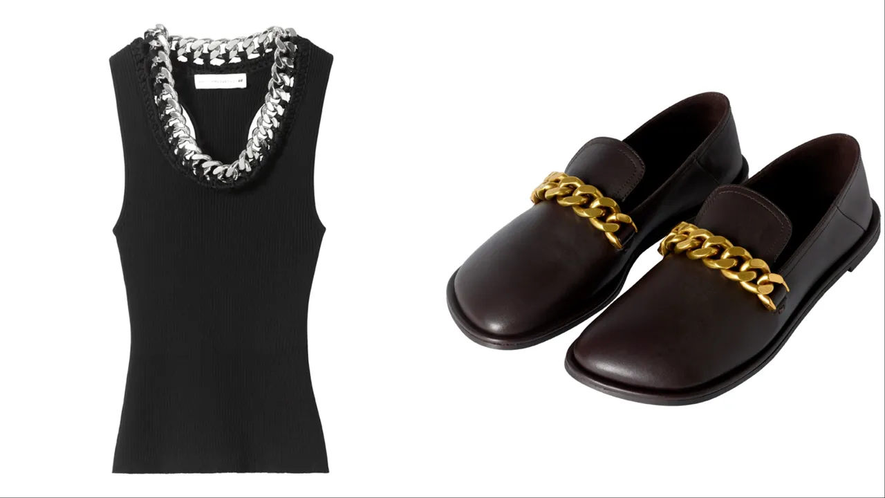 Stella McCartney標誌性的Falabella鍊條元素運用在背心領口以及樂福鞋上。品牌提供