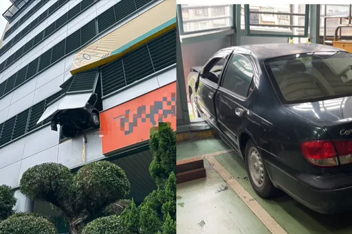 誤踩油門！板橋台電大樓停車場暴衝　轎車「懸空掛牆」成奇觀