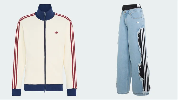 adidas Originals拉鍊運動外套（左）3890元、兩件式丹寧褲（左）5290元。品牌提供