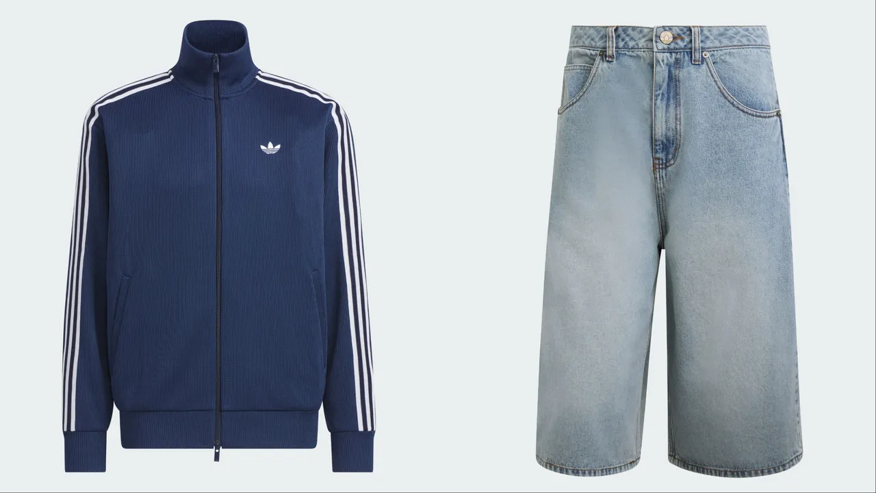 adidas Originals 拉鍊運動外套（左）3890元、丹寧七分褲（左）3290元。品牌提供