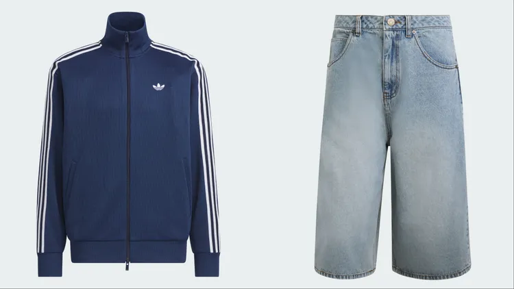 adidas Originals 拉鍊運動外套（左）3890元、丹寧七分褲（左）3290元。品牌提供