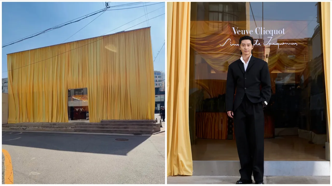 JACQUEMUS日前在首爾舉辦活動，現場佈置讓很像台灣的告別式或靈堂，右圖為韓星朴敘俊。翻攝IG