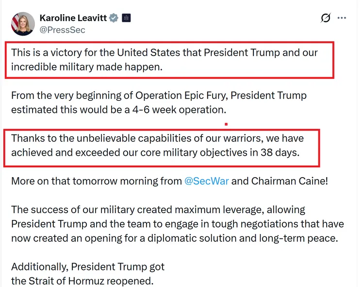 白宮發言人李威特在社群平台發文表示，美國在38天完成軍事任務，美國獲得對伊朗戰爭的勝利（紅框）。翻攝X@Karoline Leavitt