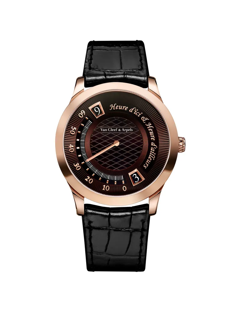 梵克雅寶Midnight Heure d'ici & Heure d’ailleurs腕錶，38mm，玫瑰金錶殼，琺瑯錶盤，自動上鍊機械機芯，161萬元。品牌提供