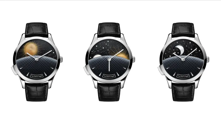 梵克雅寶Midnight Jour Nuit Phase de Lune腕錶，42mm，白K金錶殼，黑色穆拉諾砂金玻璃與白色珍珠母貝錶盤，自動上鍊機械機芯，510萬元。品牌提供