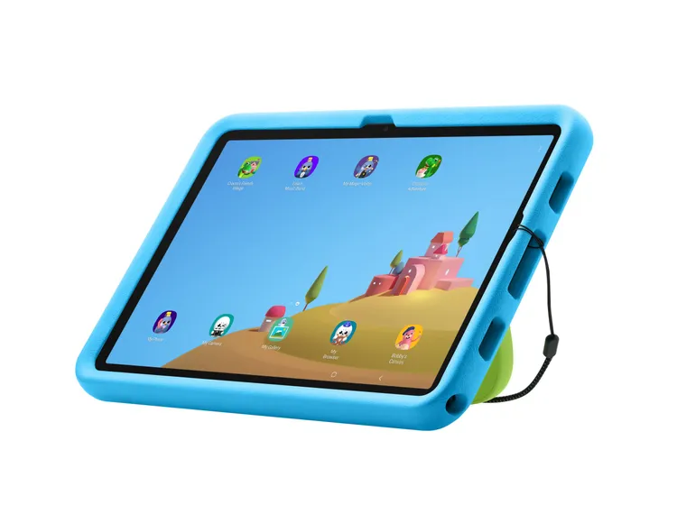 三星Galaxy Tab A11+ Kids Edition搭配厚實防摔保護殼與支架設計，提升孩童使用時的安全性與便利性。三星官網