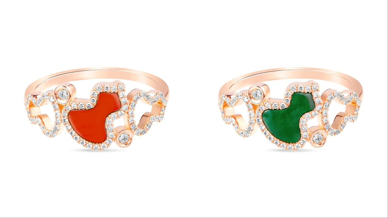 Qeelin WuluWulu 18K玫瑰金紅瑪瑙鑽石戒指（左）、WuluWulu 18K玫瑰金翡翠鑽石戒指（右）。品牌提供