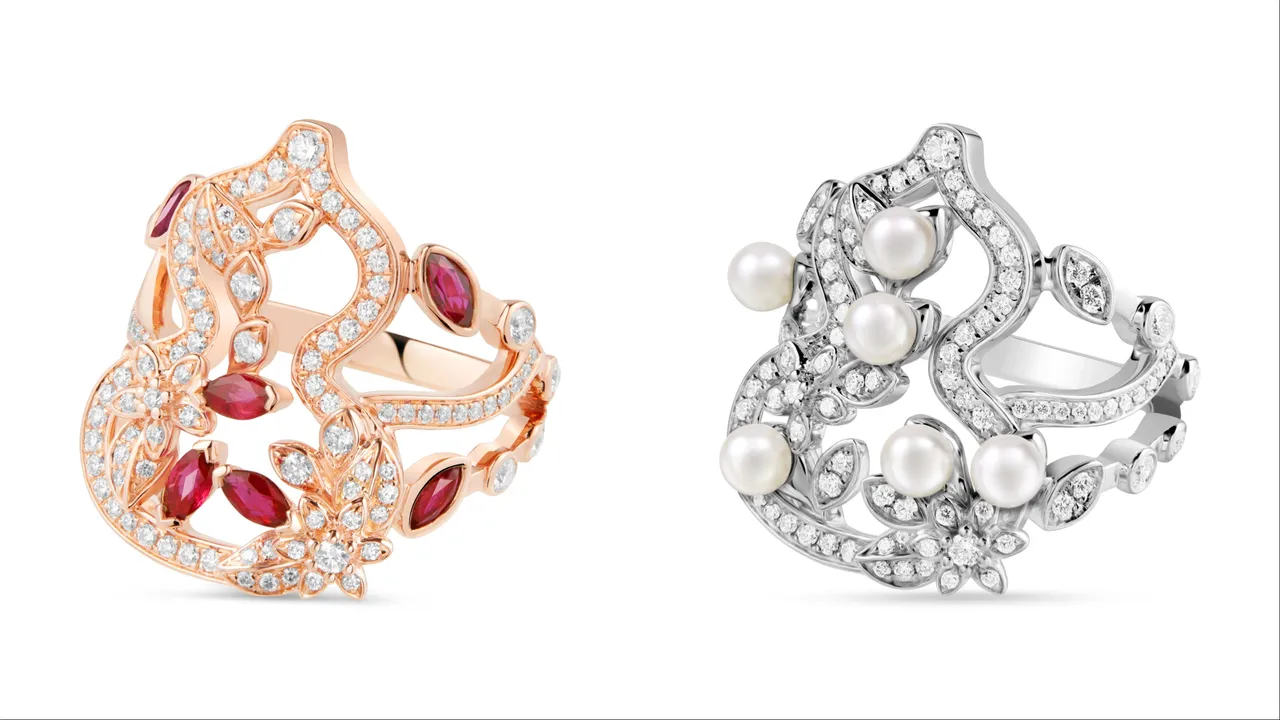 Qeelin Wulu Garden 18K玫瑰金鑽石紅寶石戒指（左）、Wulu Garden 18K白金鑽石Akoya珍珠戒指（右）。品牌提供