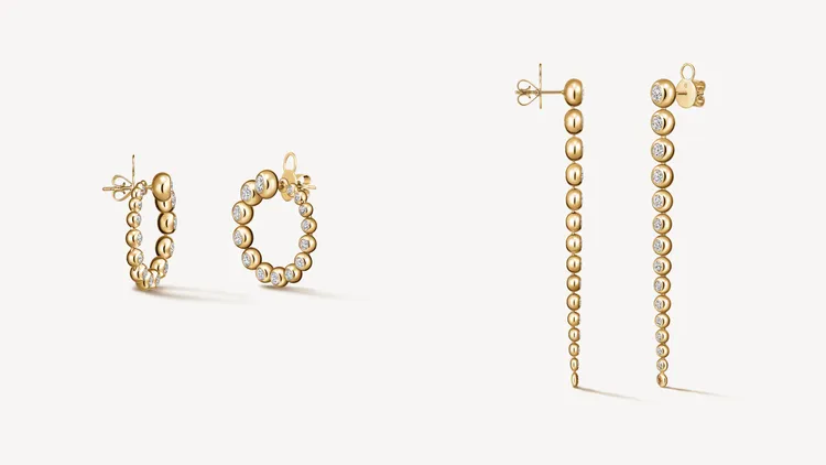 DREAM黃K金鑽石耳環鑽石總重約3.35克拉，可垂墜或變換為環狀方式配戴，70萬2000元。品牌提供