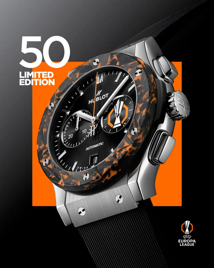 HUBLOT經典融合系列歐足超級聯賽計時碼錶，42mm，緞面及拋光鈦金屬錶殼，緞面黑色太陽紋錶盤，黑色天然橡膠錶帶，HUB1153自動上鍊計時機芯，動力儲存48小時，防水深度50米，限量50只，46萬元。品牌提供