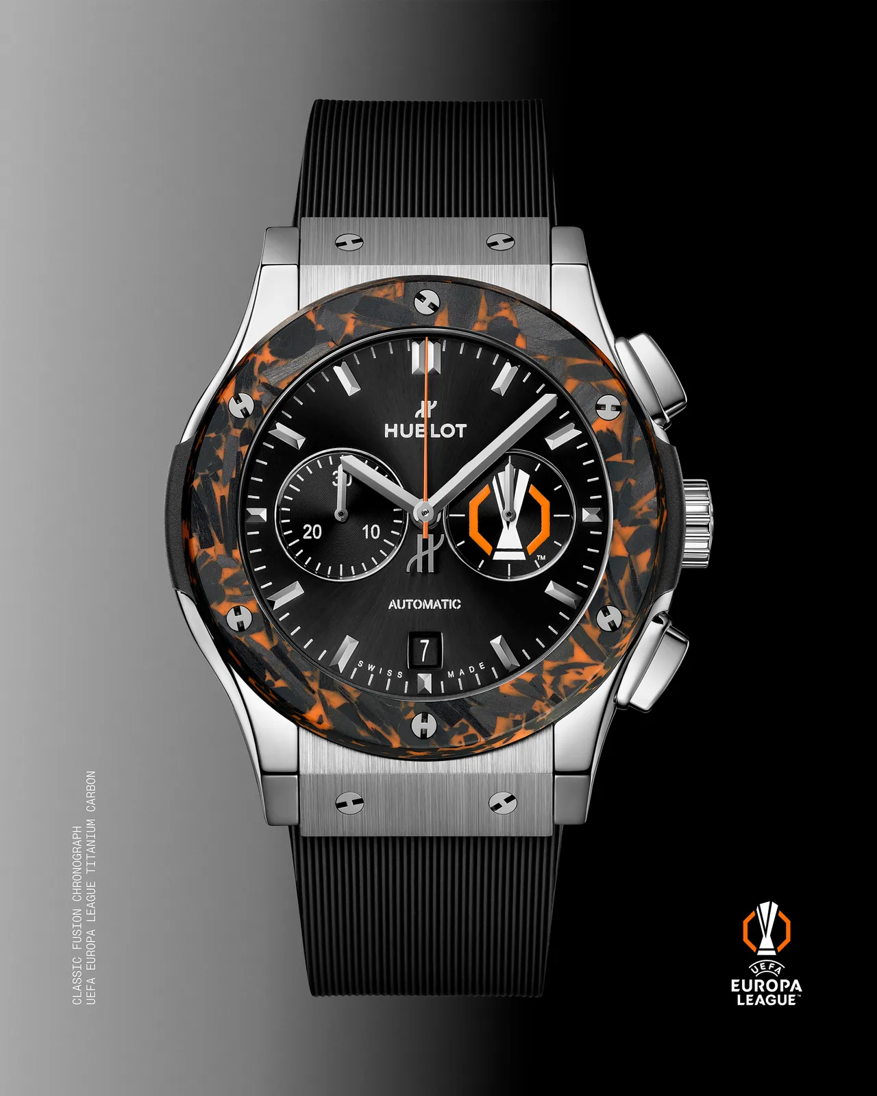 HUBLOT經典融合系列歐足超級聯賽計時碼錶，42mm，緞面及拋光鈦金屬錶殼，緞面黑色太陽紋錶盤，黑色天然橡膠錶帶，HUB1153自動上鍊計時機芯，動力儲存48小時，防水深度50米，限量50只，46萬元。品牌提供