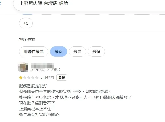 民眾在google評論指出吃完餐點後掛急診。翻攝畫面